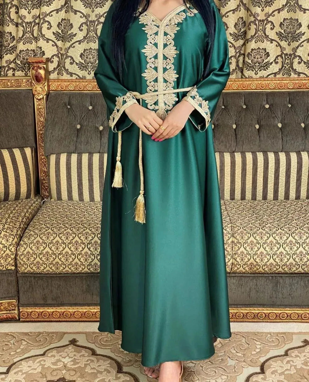 Embroidery Bronzing Lace Jalabiya Abaya Dress for Arab Dubai Turkey Middle Eastern Women - EX-STOCK CANADA