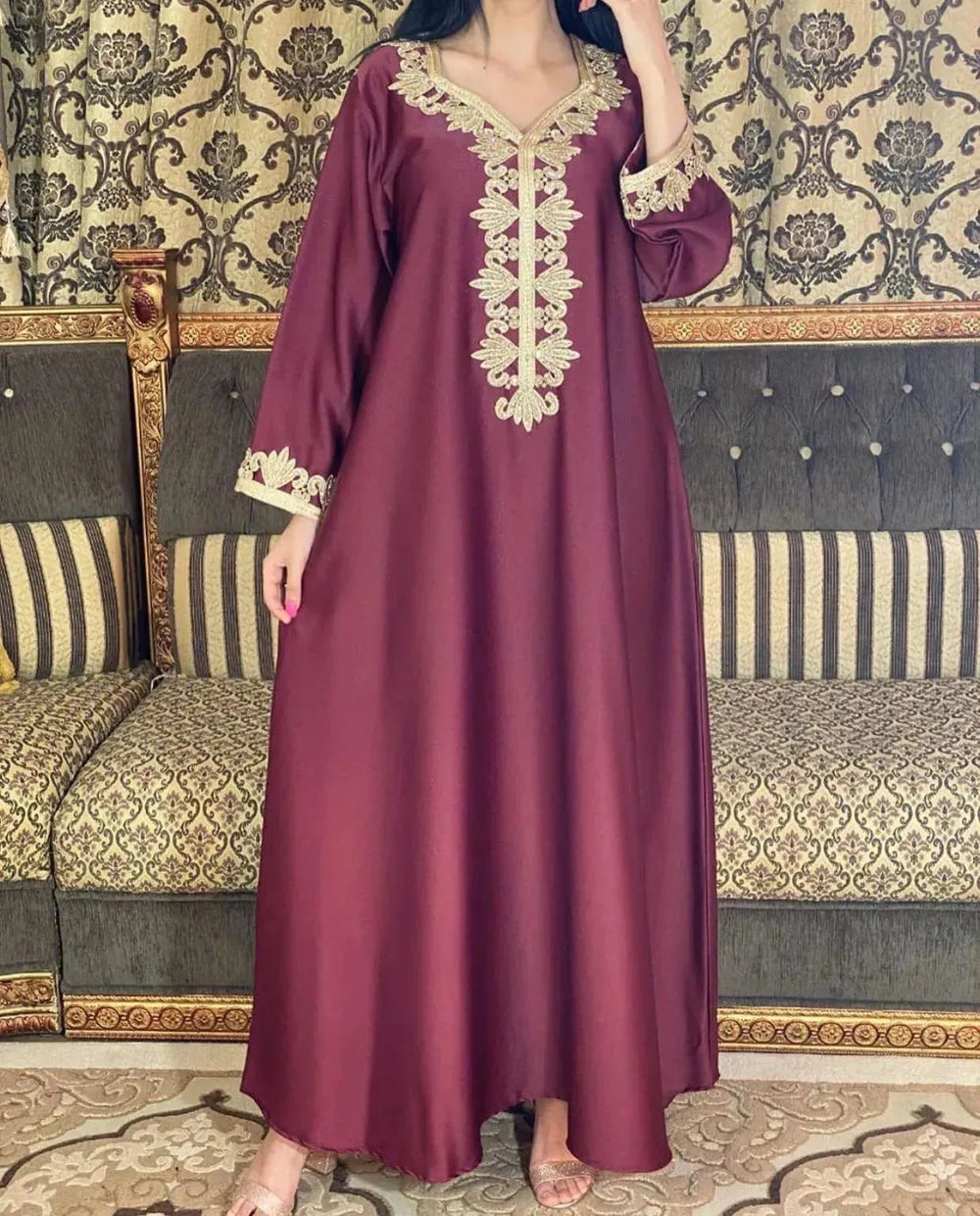 Embroidery Bronzing Lace Jalabiya Abaya Dress for Arab Dubai Turkey Middle Eastern Women - EX-STOCK CANADA