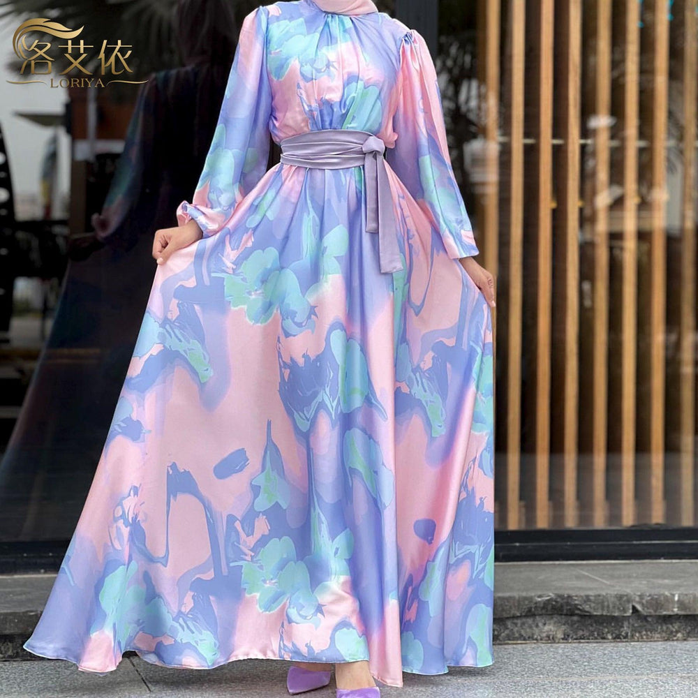 European And American Dubai Middle East Pure Beautiful Printed Dress, Ankle-length Printed Maxi Dress Fashionable Abaya Dress - EX-STOCK CANADA