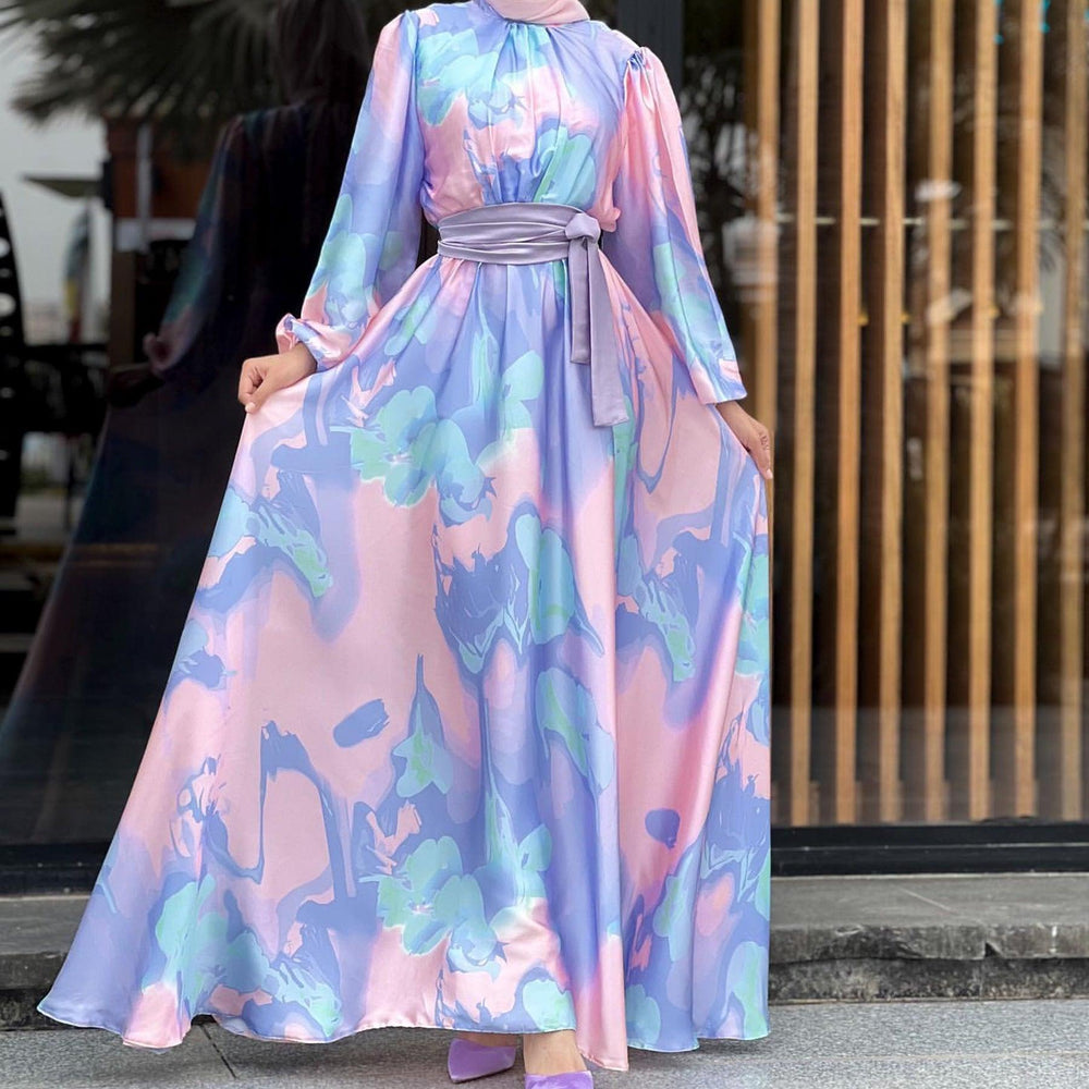 European And American Dubai Middle East Pure Beautiful Printed Dress, Ankle-length Printed Maxi Dress Fashionable Abaya Dress - EX-STOCK CANADA