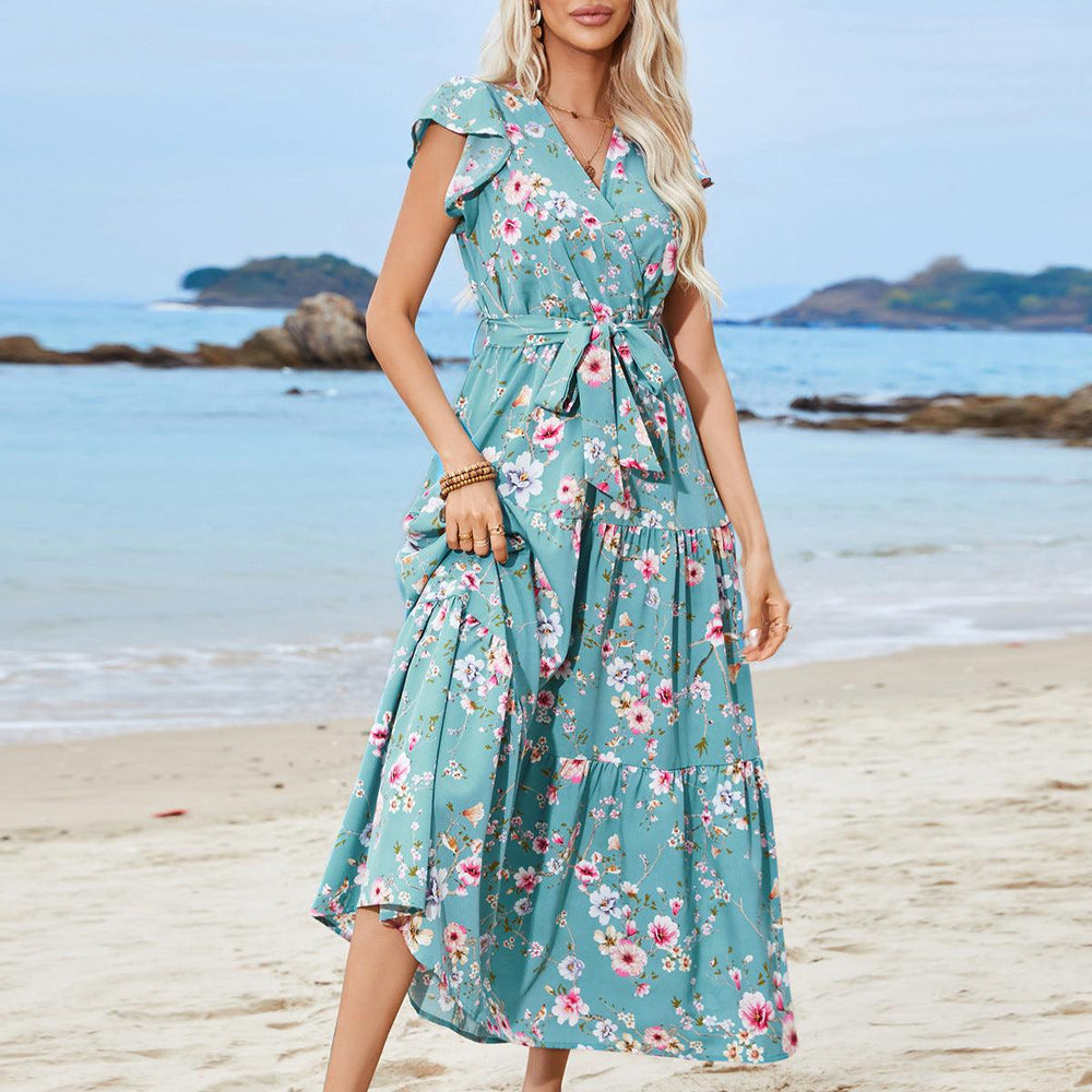 European And American Printed Waist Girdling Band V-neck Dress Bohemian Holiday Beach Dress - EX-STOCK CANADA