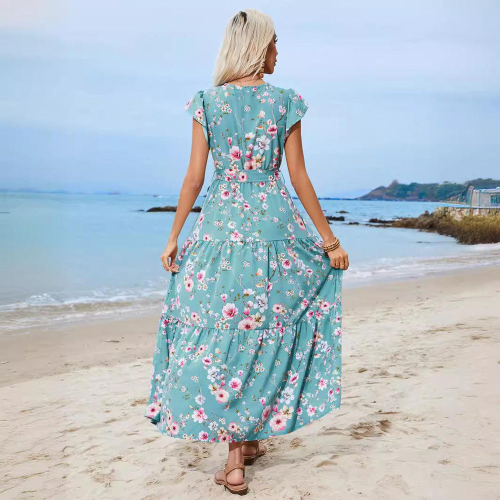 European And American Printed Waist Girdling Band V-neck Dress Bohemian Holiday Beach Dress - EX-STOCK CANADA