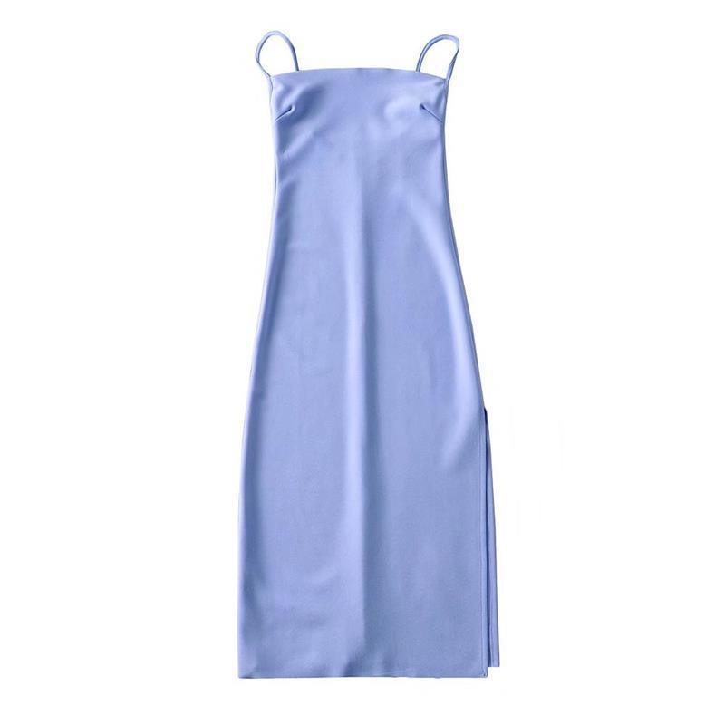 European And American Style Sold Color Sleeveless Midi Suspender Split Dress - EX-STOCK CANADA
