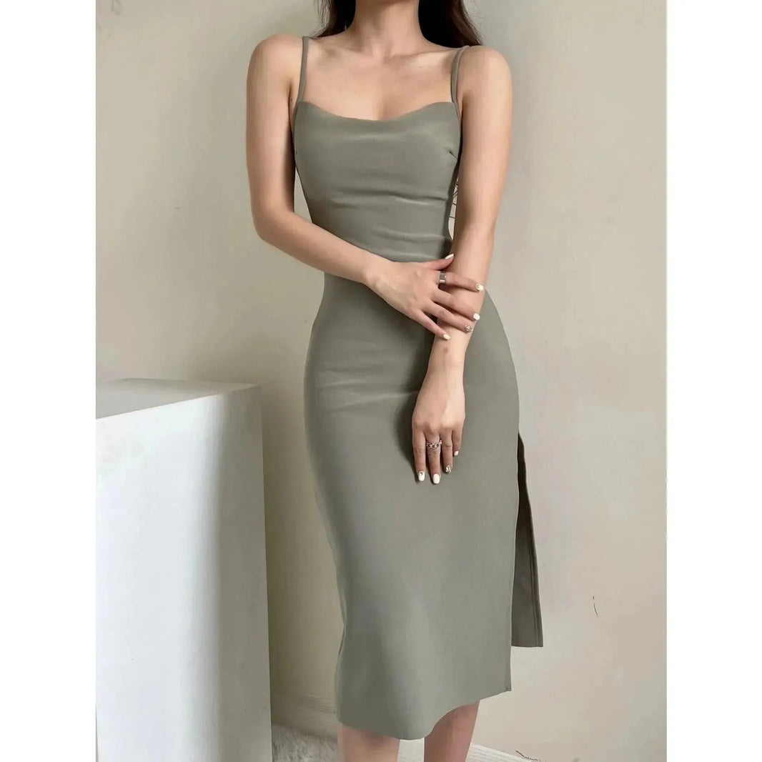 European And American Style Sold Color Sleeveless Midi Suspender Split Dress - EX-STOCK CANADA