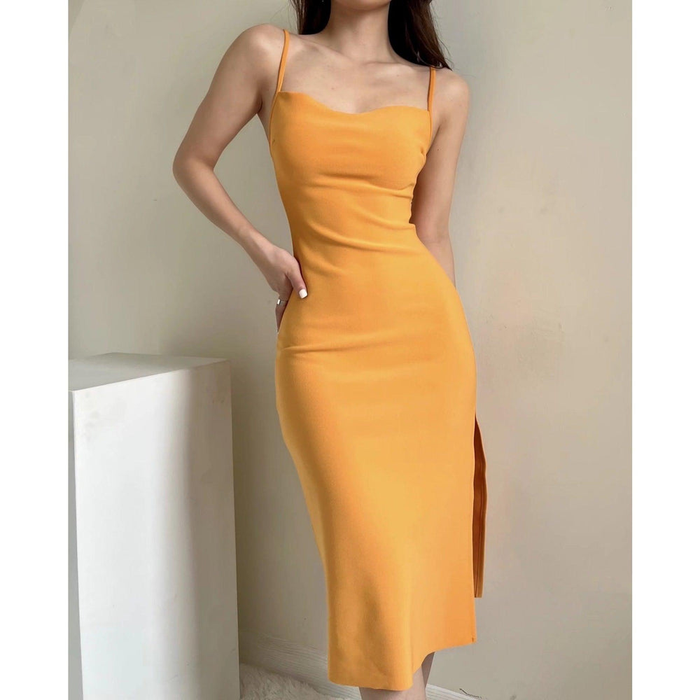 European And American Style Sold Color Sleeveless Midi Suspender Split Dress - EX-STOCK CANADA