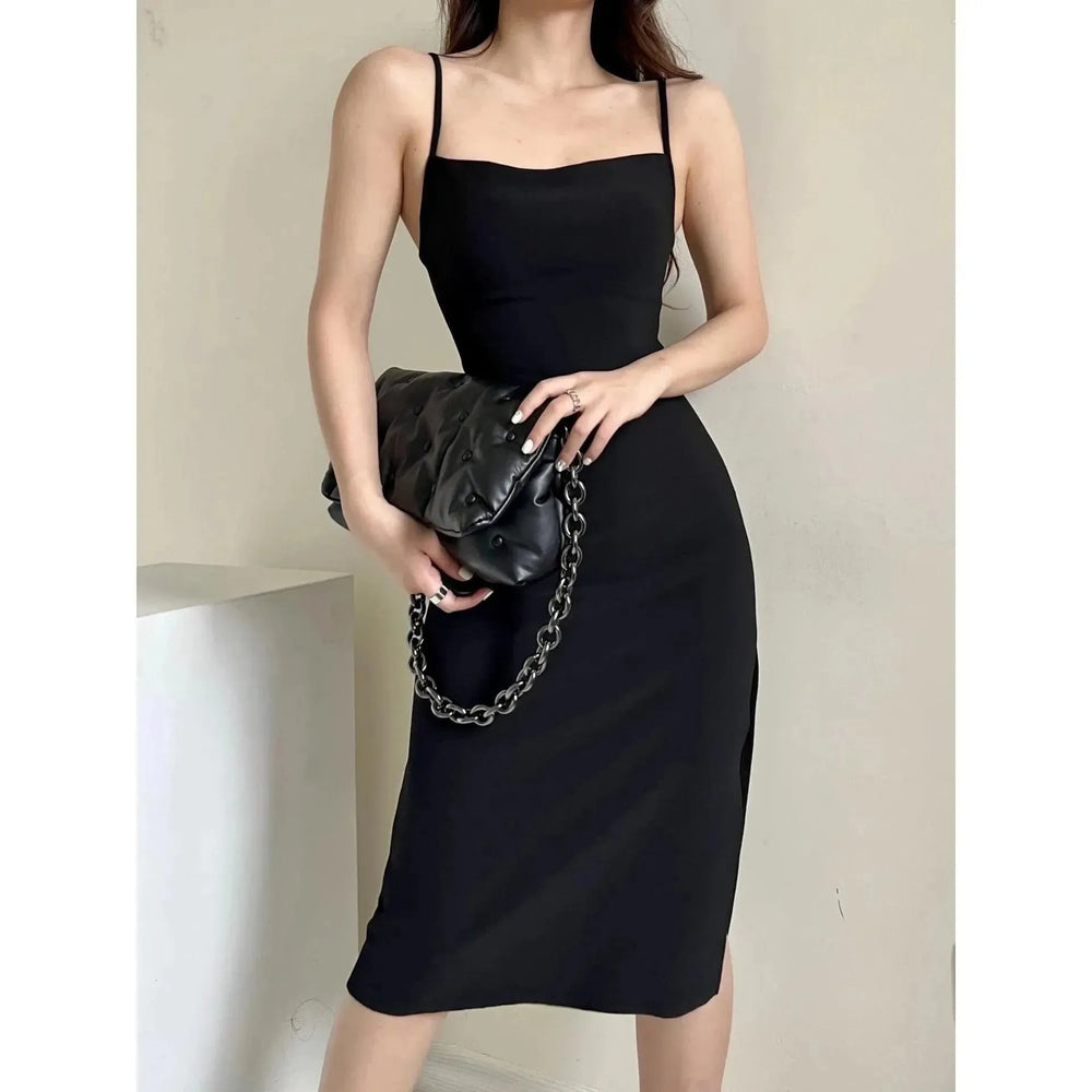 European And American Style Sold Color Sleeveless Midi Suspender Split Dress - EX-STOCK CANADA