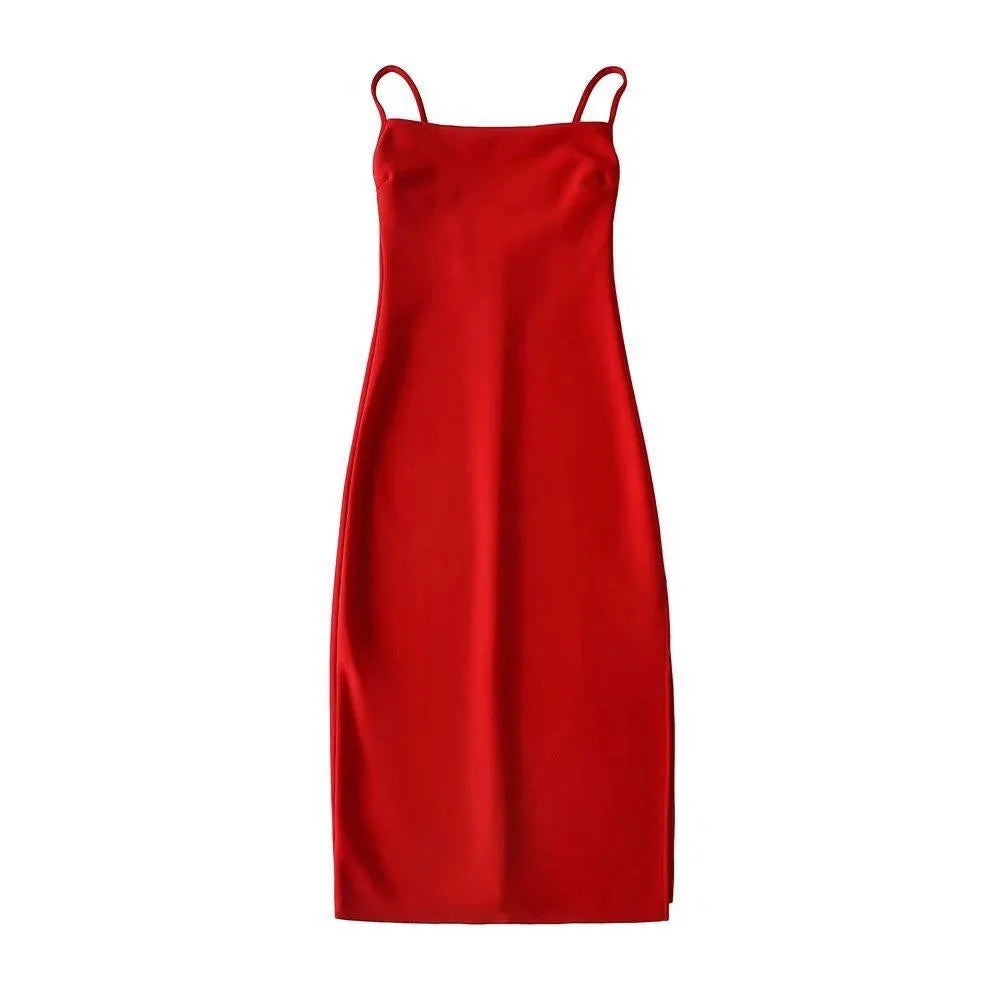 European And American Style Sold Color Sleeveless Midi Suspender Split Dress - EX-STOCK CANADA