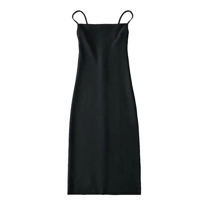 European And American Style Sold Color Sleeveless Midi Suspender Split Dress - EX-STOCK CANADA