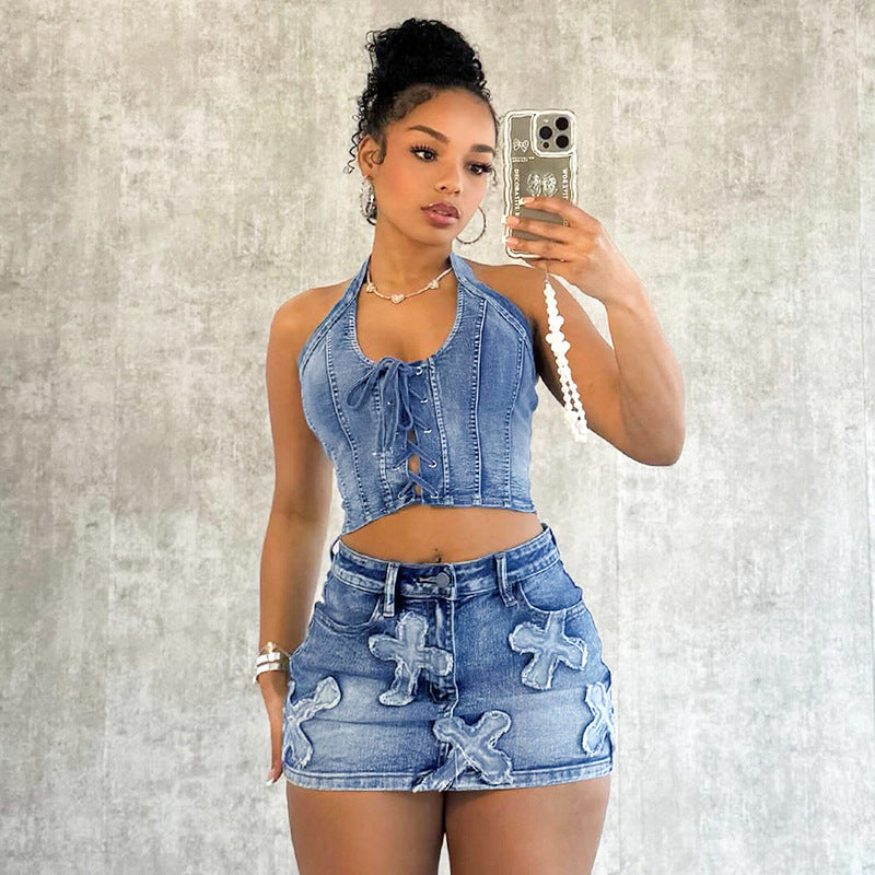 Chic Denim 2 piece Denim Skirt set Jean 2 piece set for Women Sleeveless crop top and Skirt