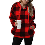 Casual Thick Fleece Plush half zip Plaid Hoodie Pullover top for women