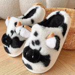 Lindas zapatillas de peluche de vaca de dibujos animados de invierno tibio interior de dormitorio interior zapatillas borrosas pareja de casas sin deslizamiento