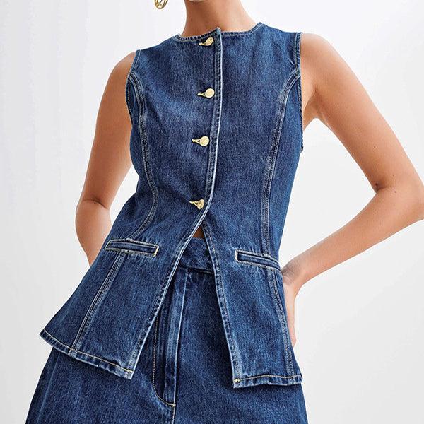Fashion Denim Suit Summer Casual Sleeveless Button Vest Top And High Waist Shorts Set For Women - EX-STOCK CANADA