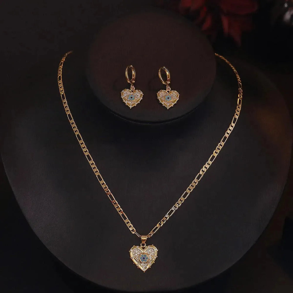 Fashion Jewelry Personality Copper Plated Real Gold Heart-shaped Zircon Pendant Necklace And Earrings Suite - EX-STOCK CANADA