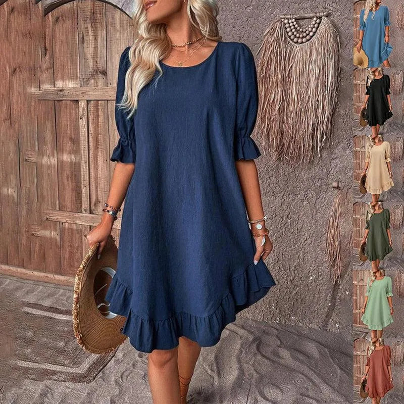 Fashion Ruffle Short-sleeved Dress Summer Solid Color Round Neck Loose Midi Straight Dress for Women. - EX-STOCK CANADA