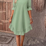 Fashion Ruffle Short-sleeved Dress Summer Solid Color Round Neck Loose Midi Straight Dress for Women. - EX-STOCK CANADA