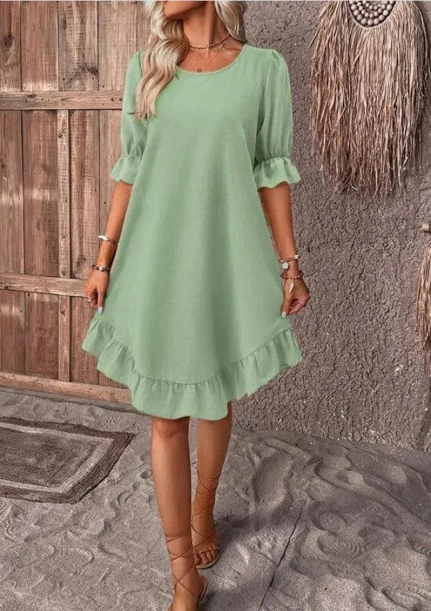 Fashion Ruffle Short-sleeved Dress Summer Solid Color Round Neck Loose Midi Straight Dress for Women. - EX-STOCK CANADA