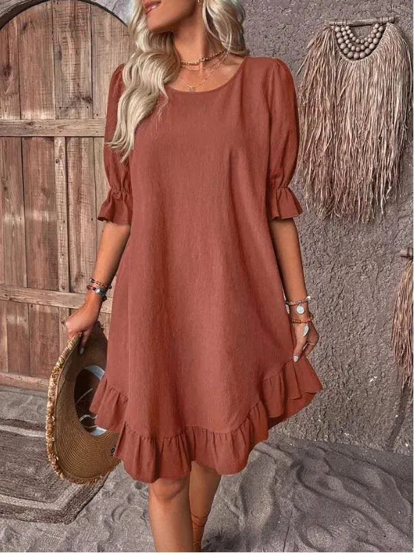 Fashion Ruffle Short-sleeved Dress Summer Solid Color Round Neck Loose Midi Straight Dress for Women. - EX-STOCK CANADA