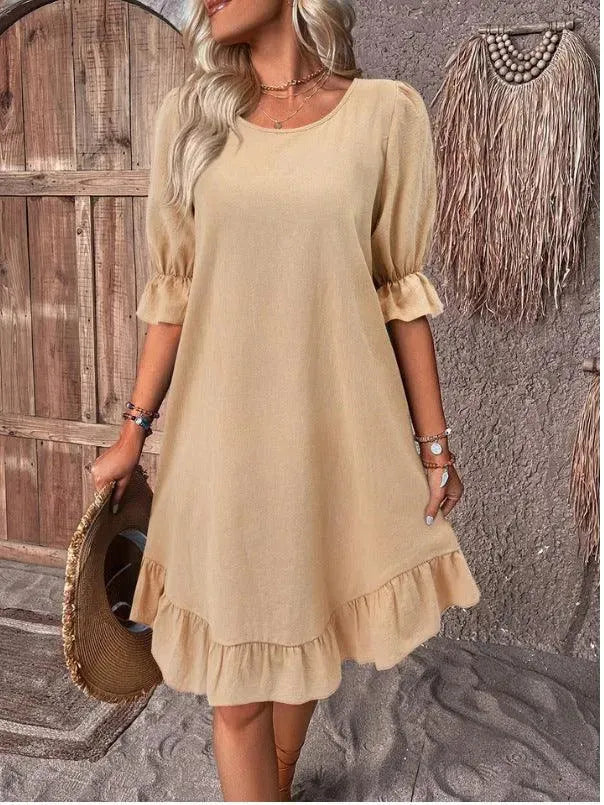 Fashion Ruffle Short-sleeved Dress Summer Solid Color Round Neck Loose Midi Straight Dress for Women. - EX-STOCK CANADA