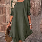 Fashion Ruffle Short-sleeved Dress Summer Solid Color Round Neck Loose Midi Straight Dress for Women. - EX-STOCK CANADA