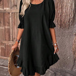 Fashion Ruffle Short-sleeved Dress Summer Solid Color Round Neck Loose Midi Straight Dress for Women. - EX-STOCK CANADA