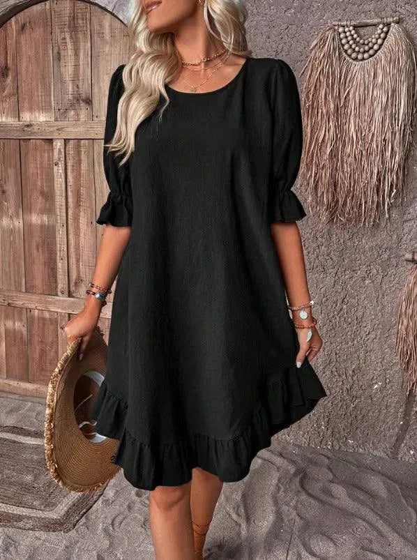 Fashion Ruffle Short-sleeved Dress Summer Solid Color Round Neck Loose Midi Straight Dress for Women. - EX-STOCK CANADA