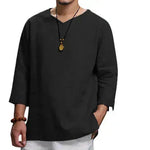 Loose Casual V-neck Top Cotton And Linen Long Sleeve Pullover Shirt Men's Shirt Top