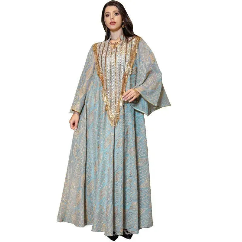 Festival Evening Party Mesh Embroidered Sequins Robe Abaya Dress for Arab Turkey Dubai Middle Eastern Women. - EX-STOCK CANADA