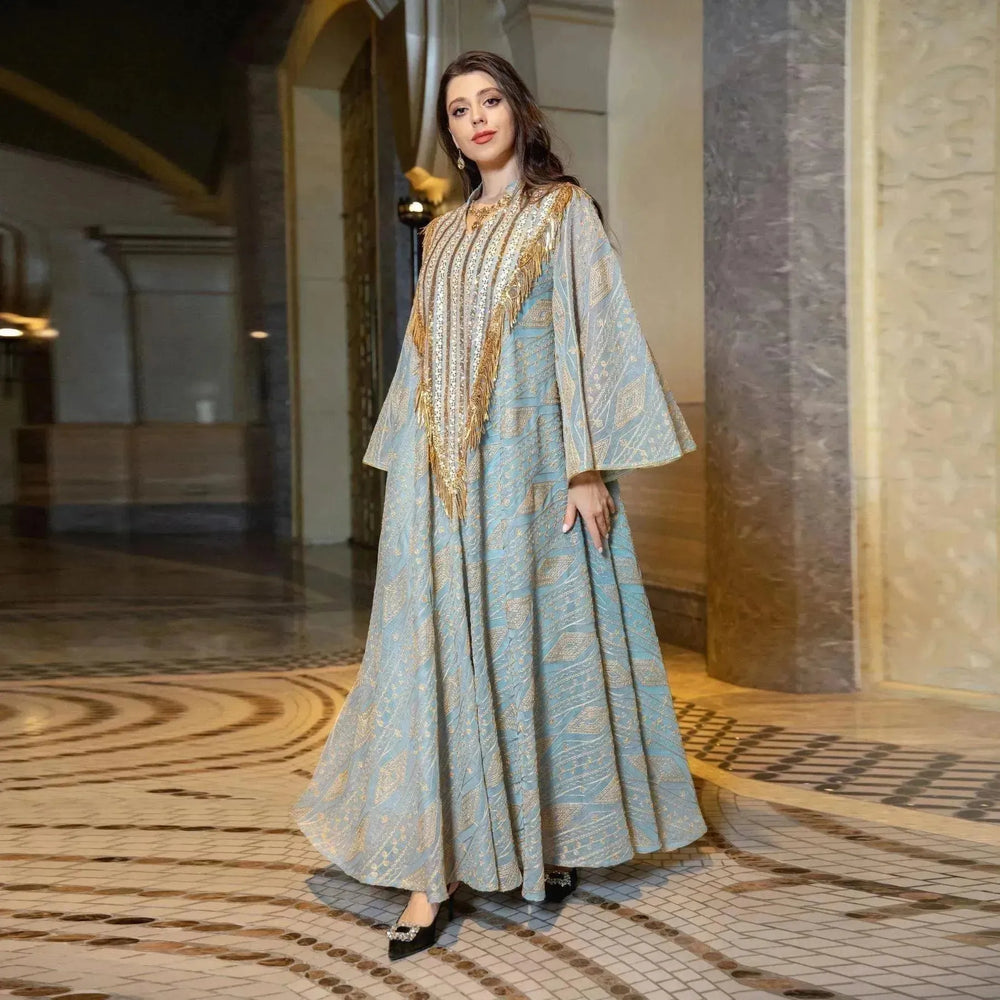 Festival Evening Party Mesh Embroidered Sequins Robe Abaya Dress for Arab Turkey Dubai Middle Eastern Women. - EX-STOCK CANADA