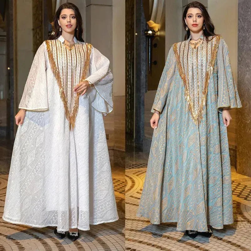 Festival Evening Party Mesh Embroidered Sequins Robe Abaya Dress for Arab Turkey Dubai Middle Eastern Women. - EX-STOCK CANADA