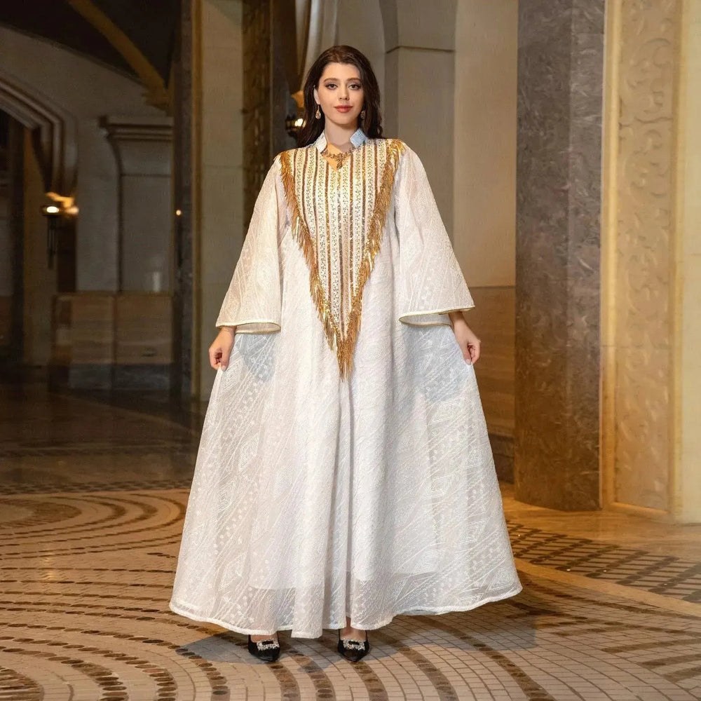 Festival Evening Party Mesh Embroidered Sequins Robe Abaya Dress for Arab Turkey Dubai Middle Eastern Women. - EX-STOCK CANADA