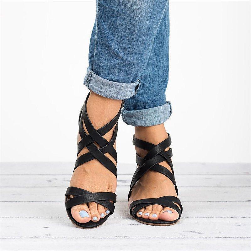 Fish Mouth Cross Strap Buckle Mid Wedge Heel Plain Women Sandals - EX-STOCK CANADA