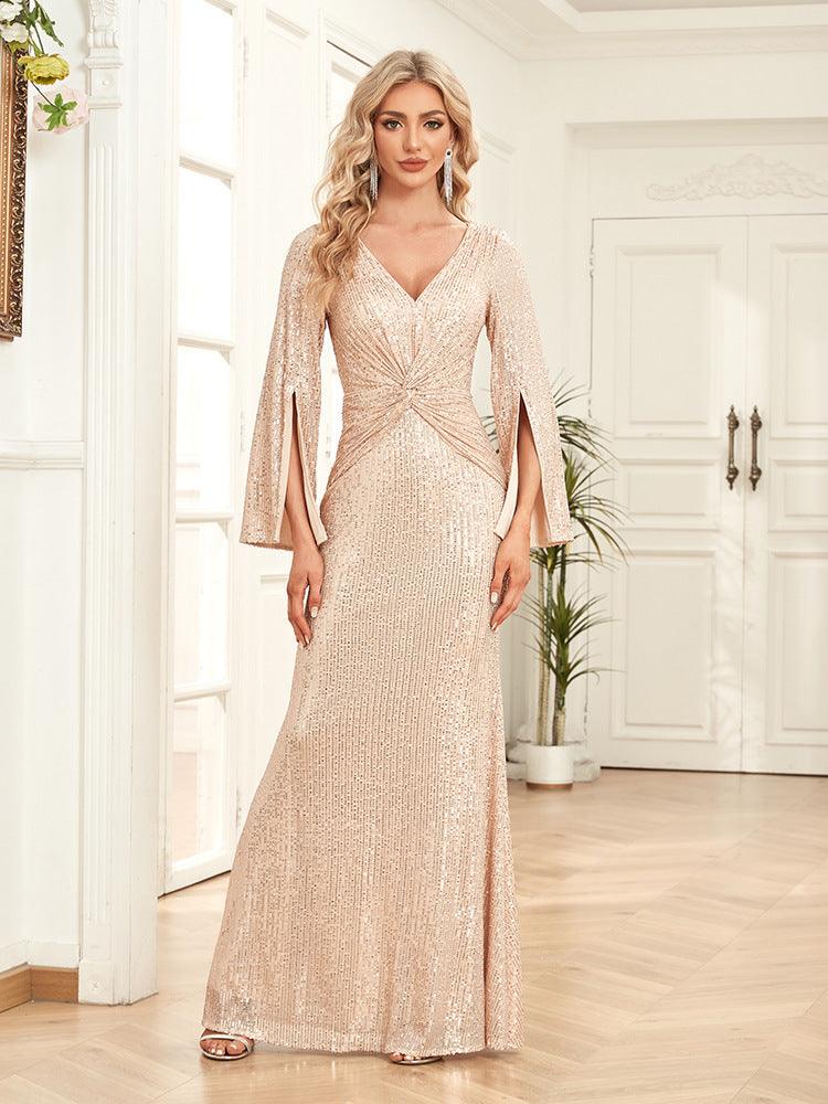 Gold Sequin Slim Fishtail Bridesmaid Banquet Party Wedding Evening Dress - EX-STOCK CANADA
