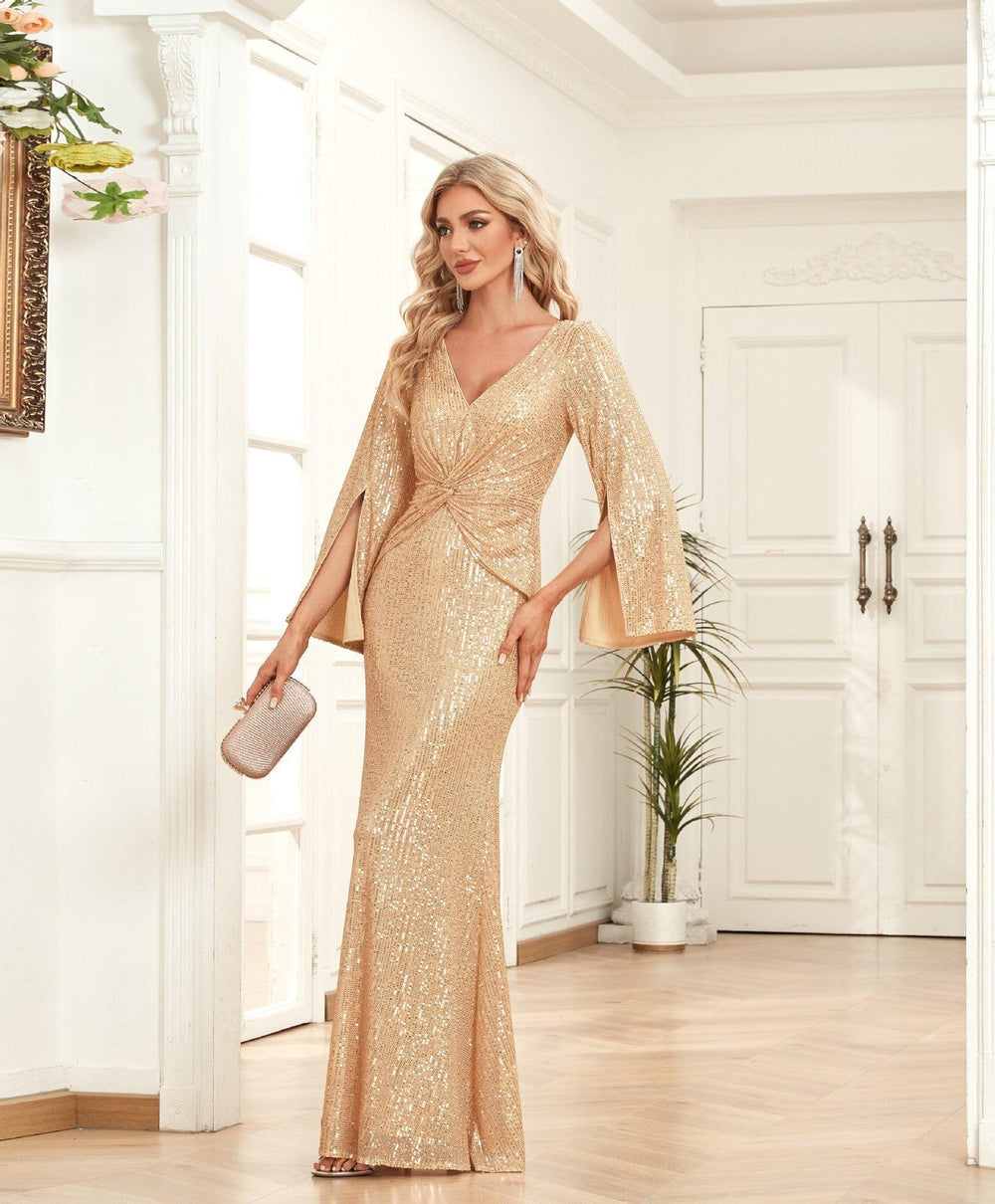 Gold Sequin Slim Fishtail Bridesmaid Banquet Party Wedding Evening Dress - EX-STOCK CANADA