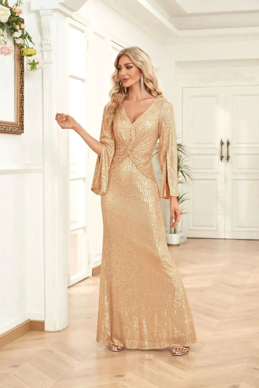 Gold Sequin Slim Fishtail Bridesmaid Banquet Party Wedding Evening Dress - EX-STOCK CANADA