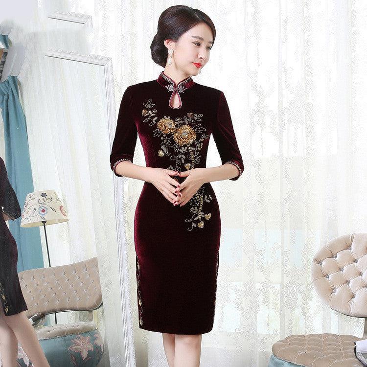 Golden Velvet Retro Modified Beaded Medium-length Cheongsam - EX-STOCK CANADA