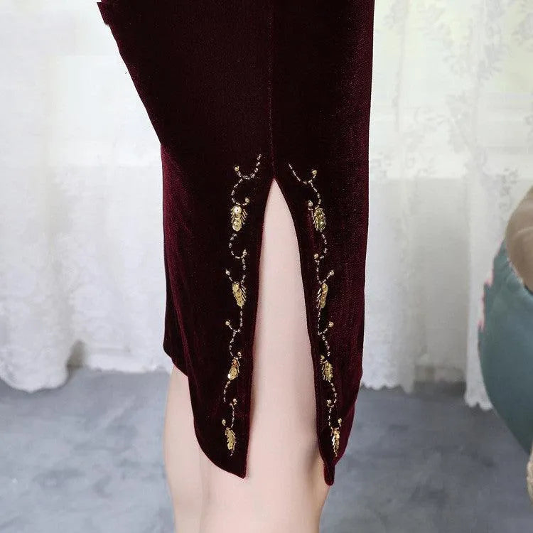 Golden Velvet Retro Modified Beaded Medium-length Cheongsam - EX-STOCK CANADA