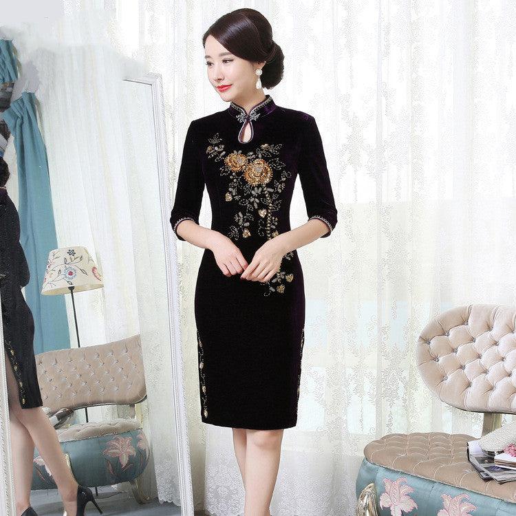 Golden Velvet Retro Modified Beaded Medium-length Cheongsam - EX-STOCK CANADA