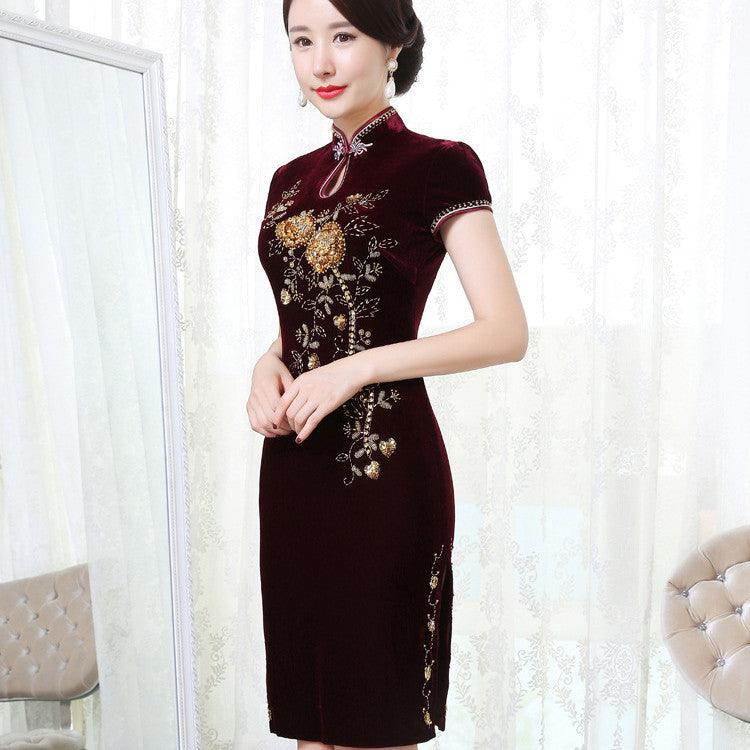 Golden Velvet Retro Modified Beaded Medium-length Cheongsam - EX-STOCK CANADA