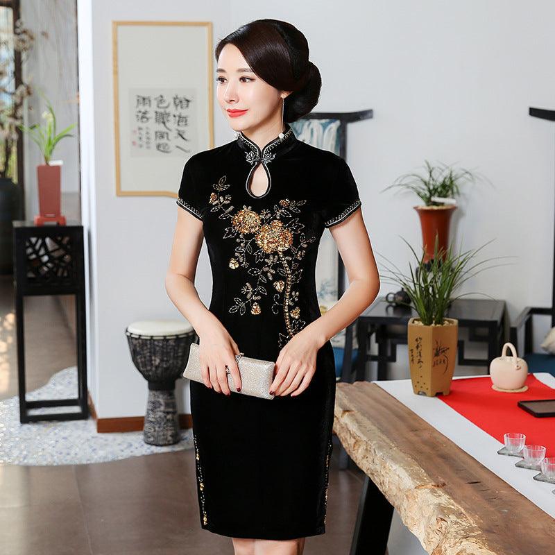 Golden Velvet Retro Modified Beaded Medium-length Cheongsam - EX-STOCK CANADA