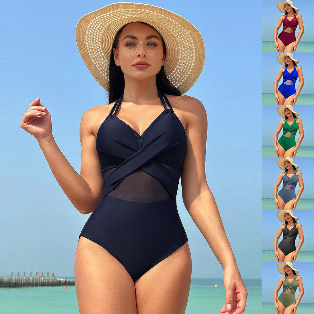 Halter-neck One-piece Swimsuit Summer Solid Color Cross-strap Design Mesh Bikini Beach Vacation Womens Clothing - EX-STOCK CANADA