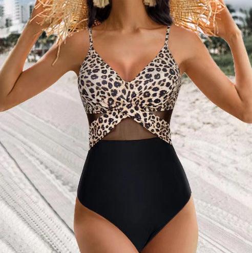 Halter-neck One-piece Swimsuit Summer Solid Color Cross-strap Design Mesh Bikini Beach Vacation Womens Clothing - EX-STOCK CANADA