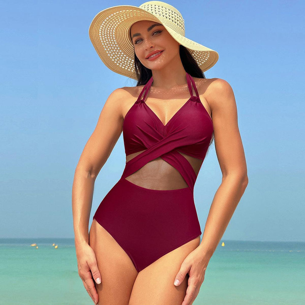 Halter-neck One-piece Swimsuit Summer Solid Color Cross-strap Design Mesh Bikini Beach Vacation Womens Clothing - EX-STOCK CANADA