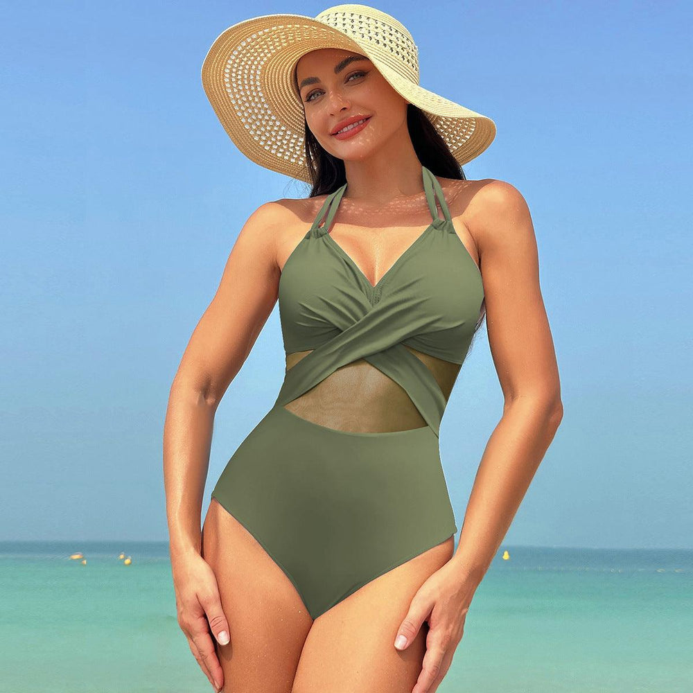 Halter-neck One-piece Swimsuit Summer Solid Color Cross-strap Design Mesh Bikini Beach Vacation Womens Clothing - EX-STOCK CANADA