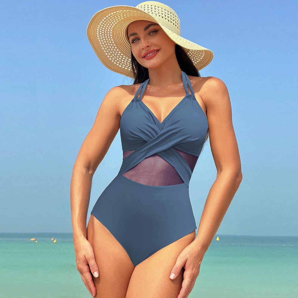 Halter-neck One-piece Swimsuit Summer Solid Color Cross-strap Design Mesh Bikini Beach Vacation Womens Clothing - EX-STOCK CANADA