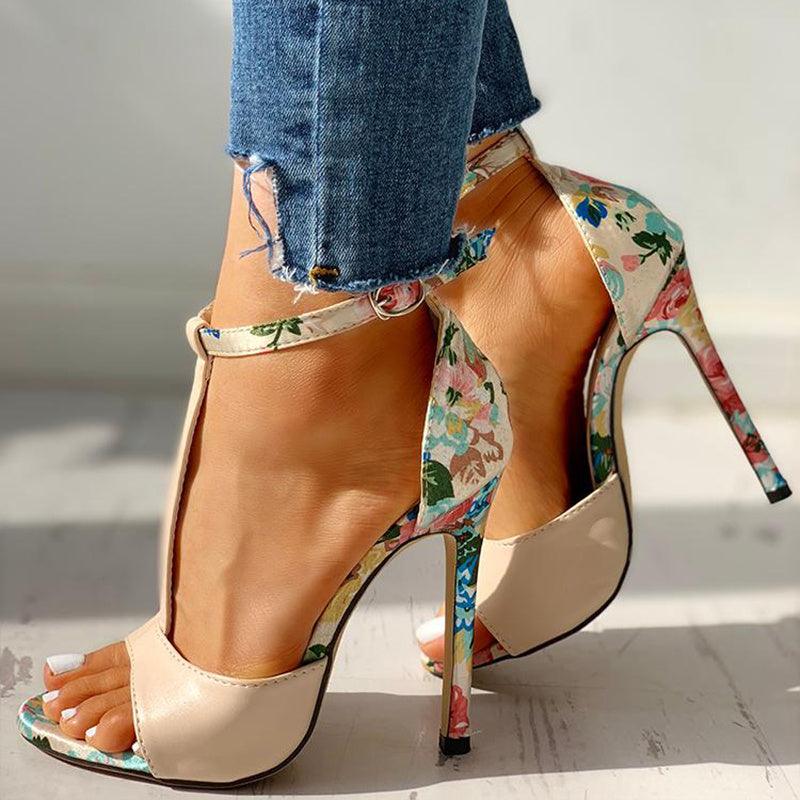 High heel buckle chunky heel floral sandals - EX-STOCK CANADA