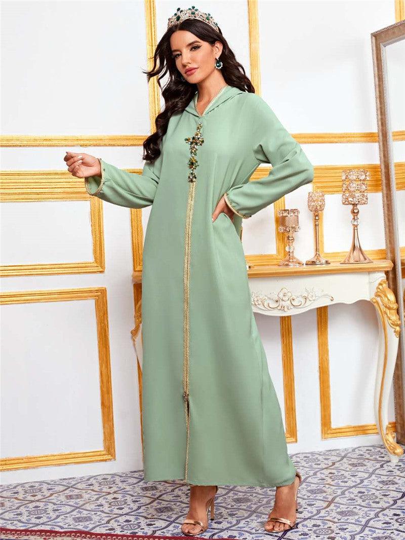 Hooded Avocado Green Dress Turkey Moroccan Seam Drill Robe Travel Dress - EX-STOCK CANADA