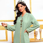 Hooded Avocado Green Dress Turkey Moroccan Seam Drill Robe Travel Dress - EX-STOCK CANADA