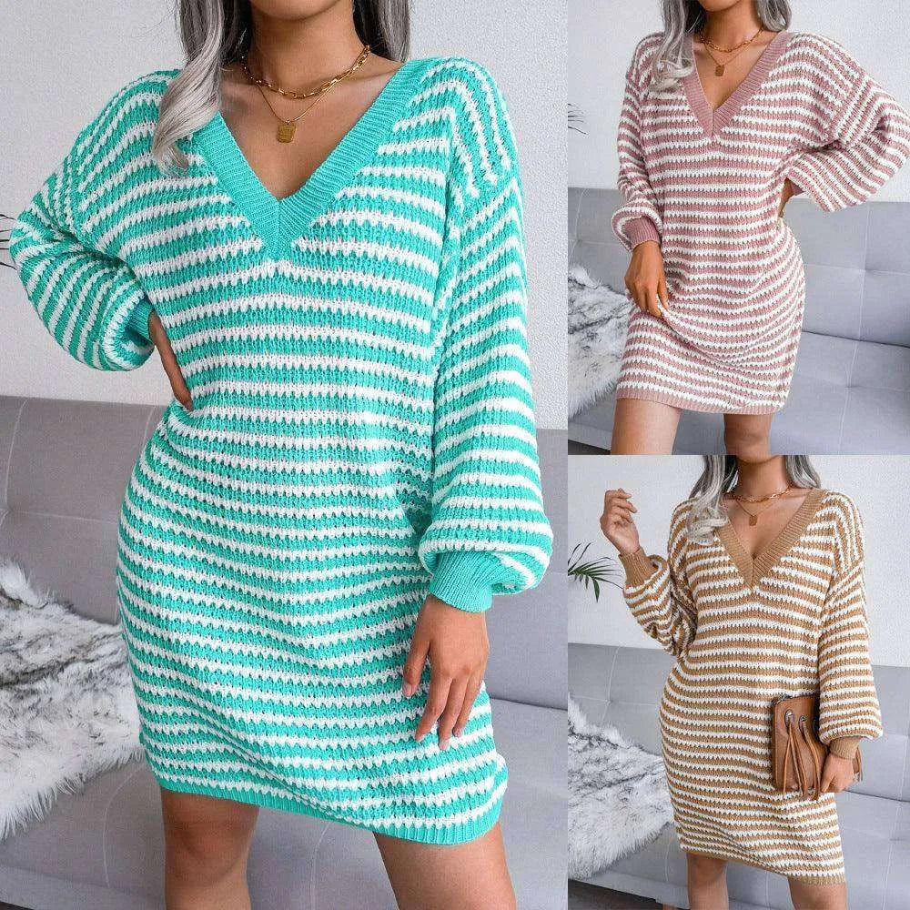 Ins Striped Sweater Dress V-neck Long Sleeve Dresses For Women - EX-STOCK CANADA