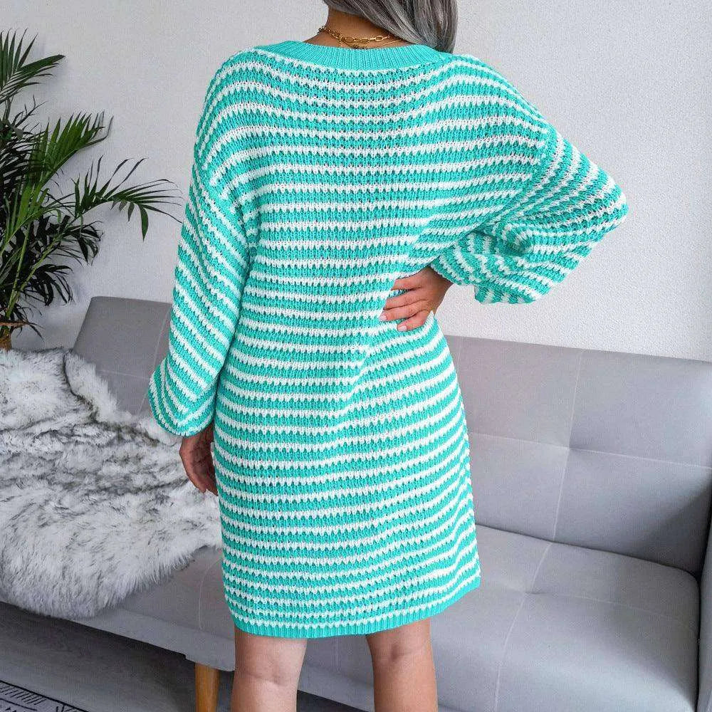 Ins Striped Sweater Dress V-neck Long Sleeve Dresses For Women - EX-STOCK CANADA