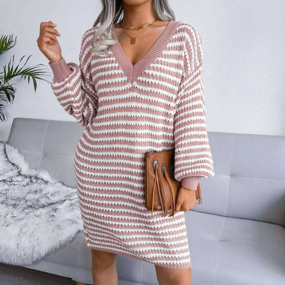 Ins Striped Sweater Dress V-neck Long Sleeve Dresses For Women - EX-STOCK CANADA